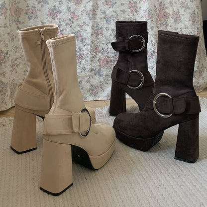 Square Buckle - High Lolita Accents Inner Khaki Boots Heel Platform Mid-calf Toe Block with Zip