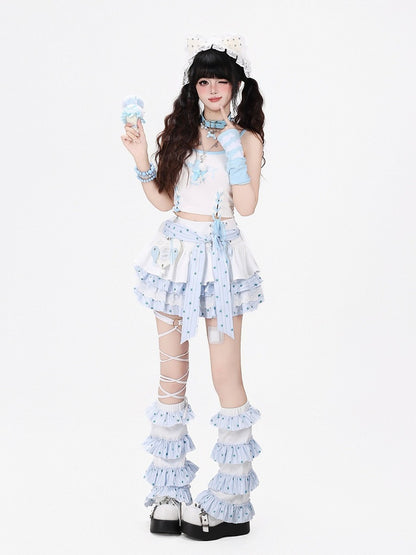 Sweet Edgy Kawaii White & Blue Tiered Skirt with Star Print and Waist Tie + Matching Leg Warmers Set - CRAZY GIRL