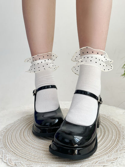 ホワイトの水玉模様のオーガンザトリムのスイートロリータアンクルソックス