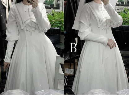 Halloween Cross Sleeves Juliette Embroidery White Leg-of-Mutton Dress / Outfits Nun Lolita