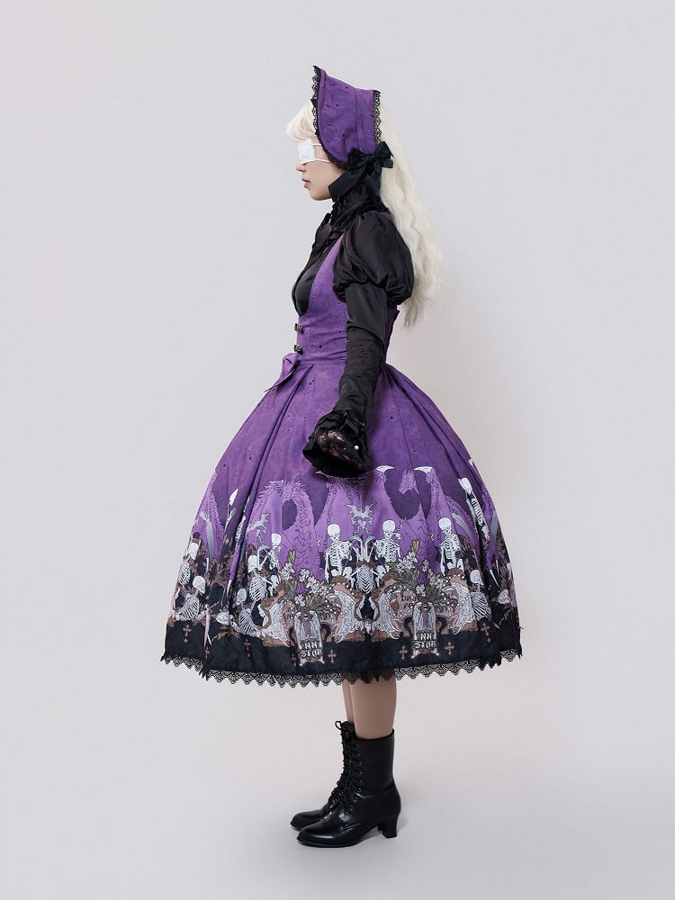 Purple Skeleton Cross Print Under Bust Gothic Lolita Dress with Black Lace Trim - NnSTAR