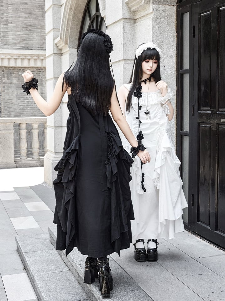 Kleid Lockeres Design Schwarze Rüschen Kordelzug Goth Cascading