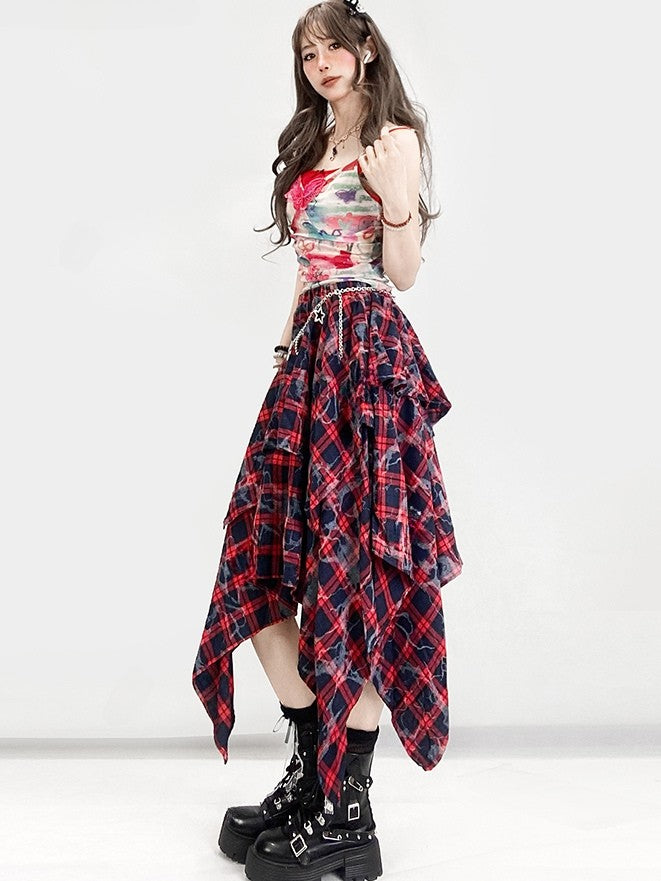 Y2K Hem BlackRed Plaid Pattern Skirt Handkerchief