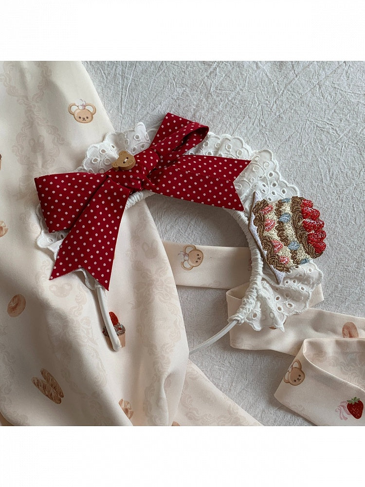Wine Red/Pink Lace Bow KC with Cake Embroidery - Honey Village