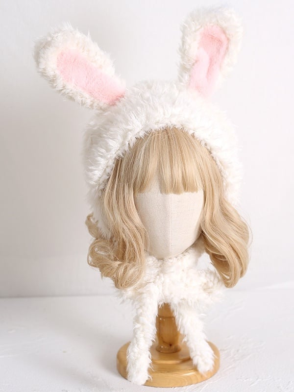 / Hat Plush Ear Bunny Cute Pink Black White