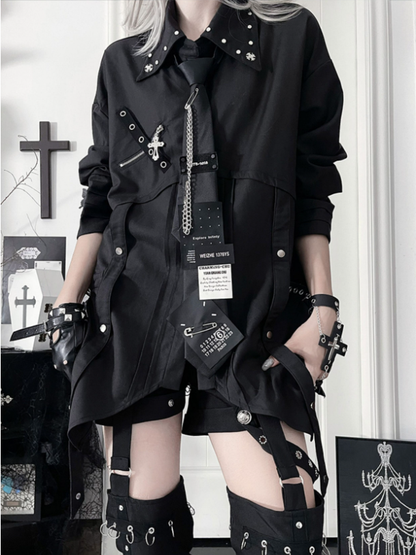 with Black Hem Back Long-Sleeve Punk Shirt Cross Print Asymmetrical
