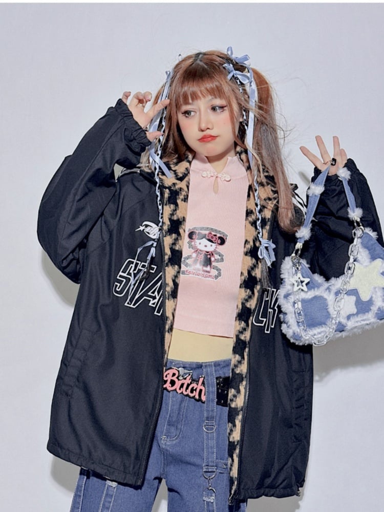 Reversible Black&Yellow Houndstooth Banded Collar Letter Jacket