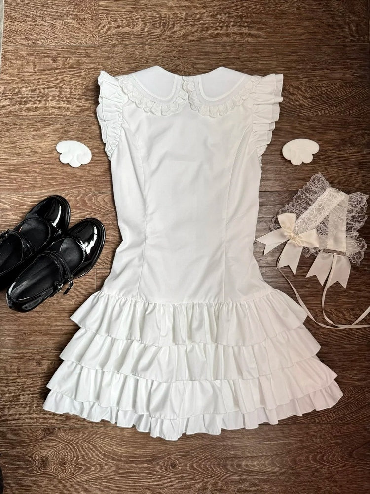 Sweet Kawaii White Peter Pan Collar Flutter Sleeves Tiered Dress - Jasmine White Original Design