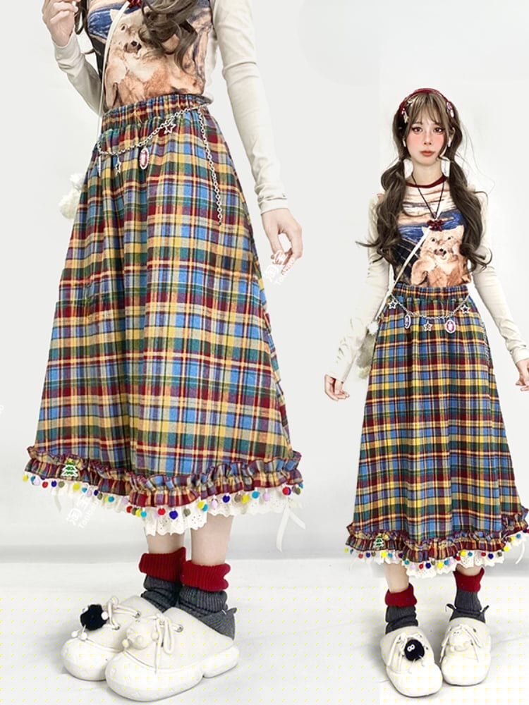 レインボーチェック柄ポンポン裾ミディ丈ヴィンテージスカート
