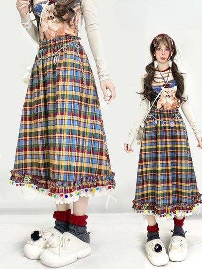 レインボーチェック柄ポンポン裾ミディ丈ヴィンテージスカート