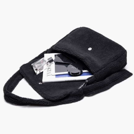 Letter Embroidered Fuzzy Tote Bag- Perfect For Fall And Winter Black Elegant