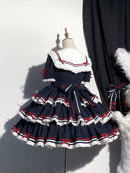 Lolita-Kleid, kurz, abnehmbar, Marineblau, mit Ärmeln, blau, Sommer-Matrosenkragen