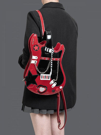 Red Sweetheart Black Guitar-shaped Design Star Embroidered Bag