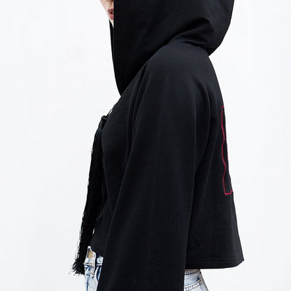 Front Baggy Long Cheongsam Hoodie Detail Crop Style and Sleeves Goth with Fringe Black