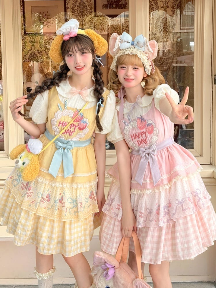 Süße Erdbeerkuchen Stickerei Peter Kragen Lolita Kleid Rock Tiered Pan Pink