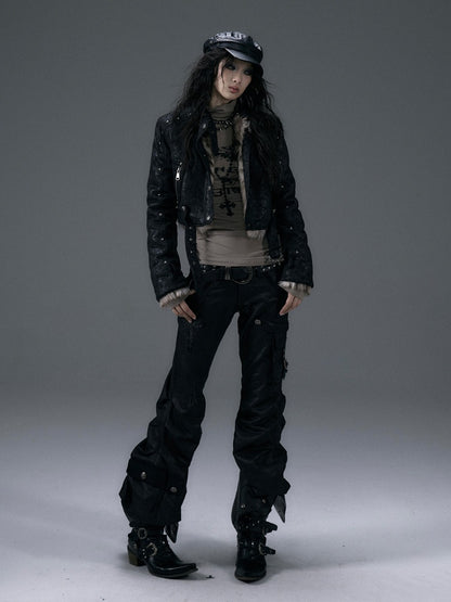 バックル＆スタッズ ブラック リバーシブル レオパード シャギー ジャケット