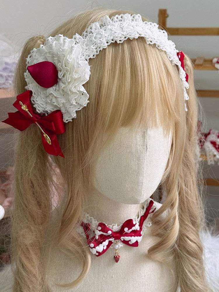 and Strawberry Hairband Lace Bowknot Sweet Lolita White with Decor Red