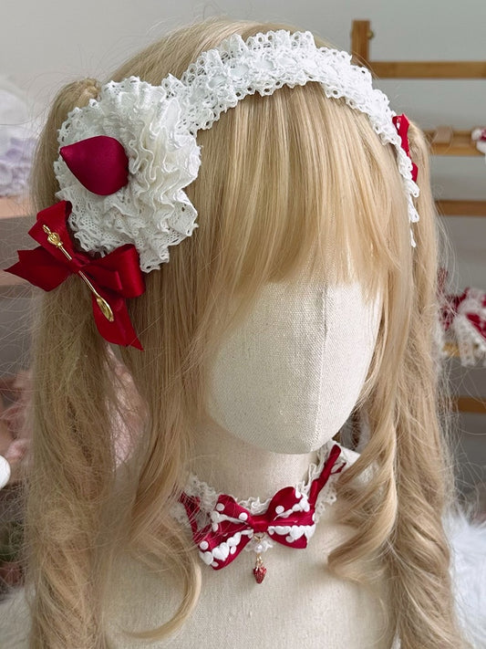 and Strawberry Hairband Lace Bowknot Sweet Lolita White with Decor Red
