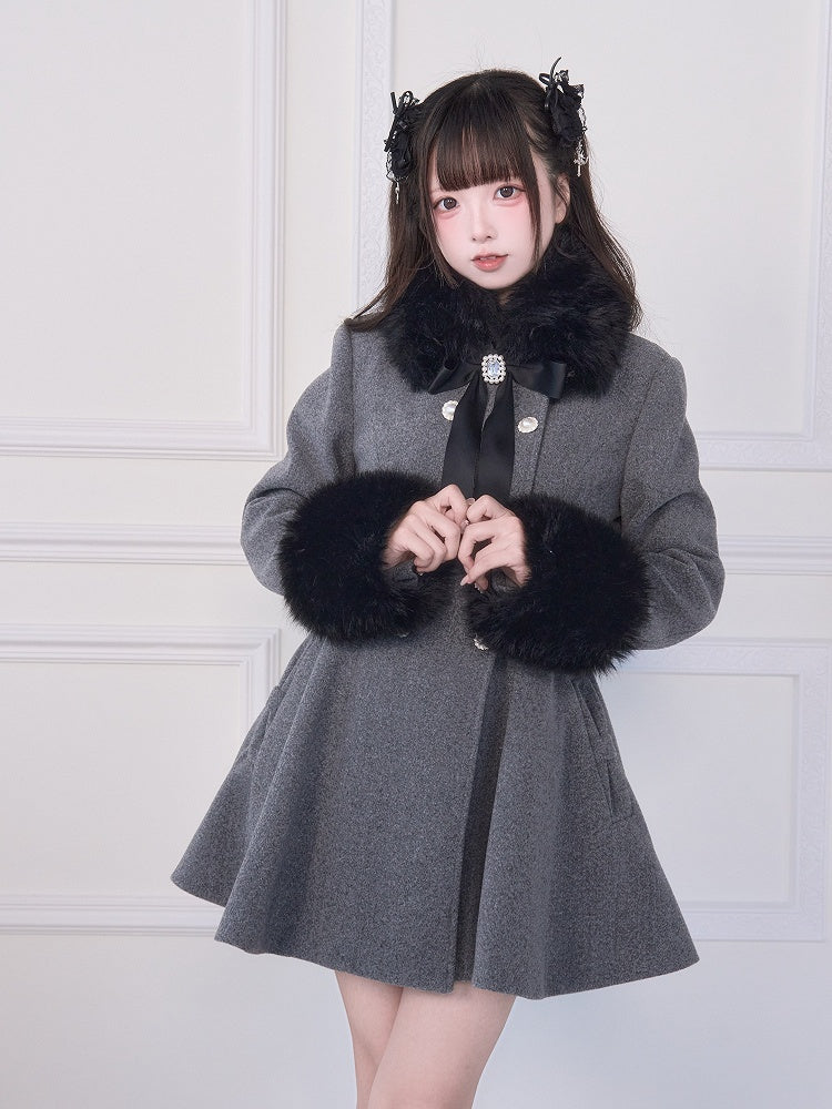Rhinestone Bow Jirai Coat Double-Breasted Collar Waist-Cinched Kei Gray Cuffs Fuzzy with and