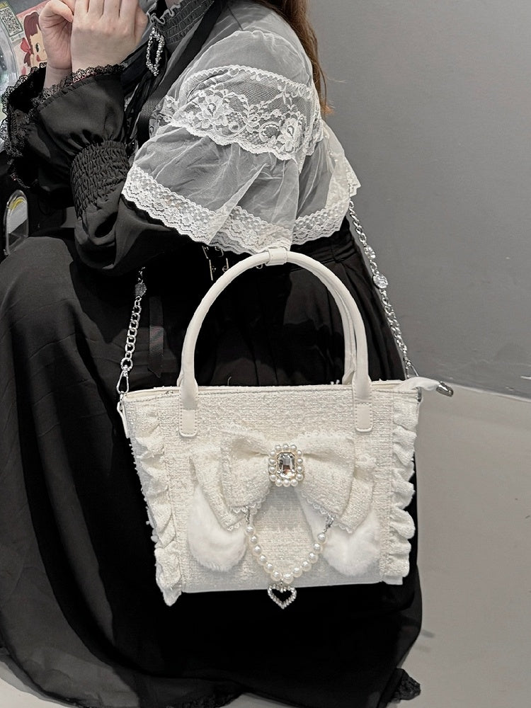 Lolita with And Bunny Charm Bow in Rhinestone Beaded - White Trim Ear Elegant Heart Triple-Carry Handbag Plush Ruffles