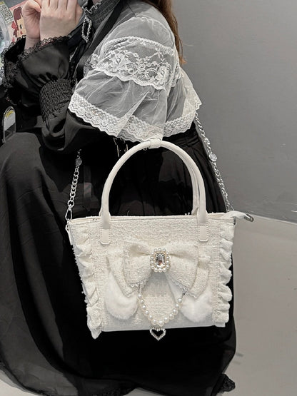 Lolita with And Bunny Charm Bow in Rhinestone Beaded - White Trim Ear Elegant Heart Triple-Carry Handbag Plush Ruffles