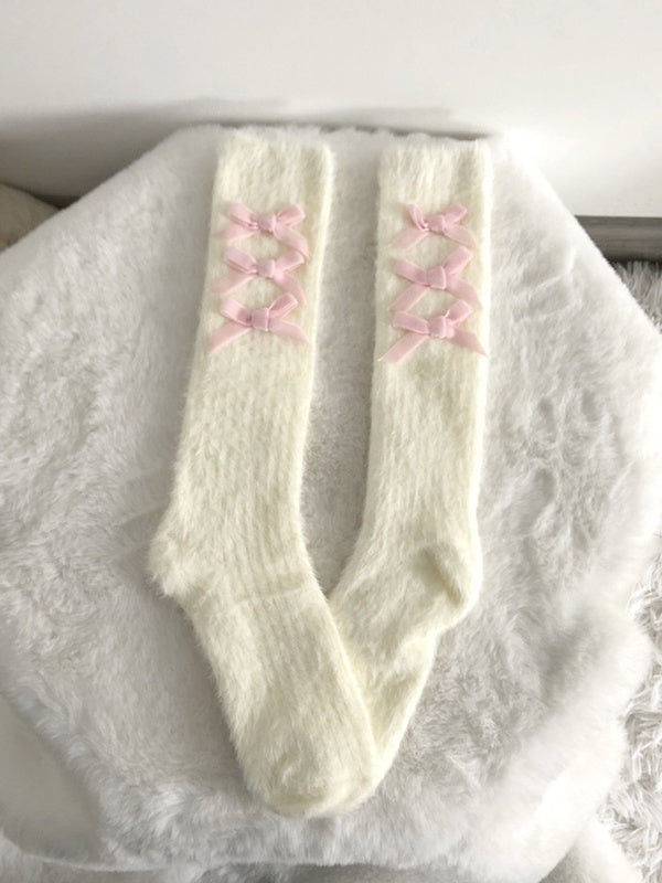 Socks Calf Decorations Yellow/Black/Pink with Bow Creamy Plush Warm