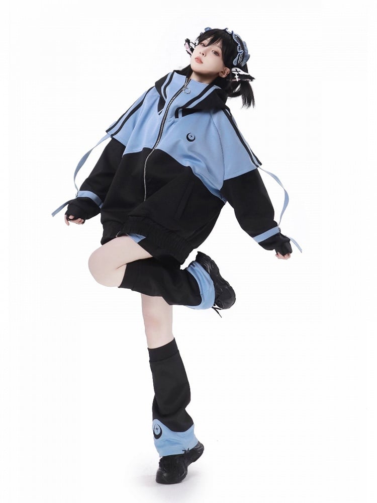 and Kei Sweatershirt Front Black Blue Up Long Sleeves Jirai Zip Jacket
