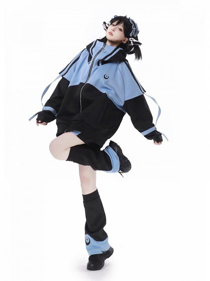 and Kei Sweatershirt Front Black Blue Up Long Sleeves Jirai Zip Jacket