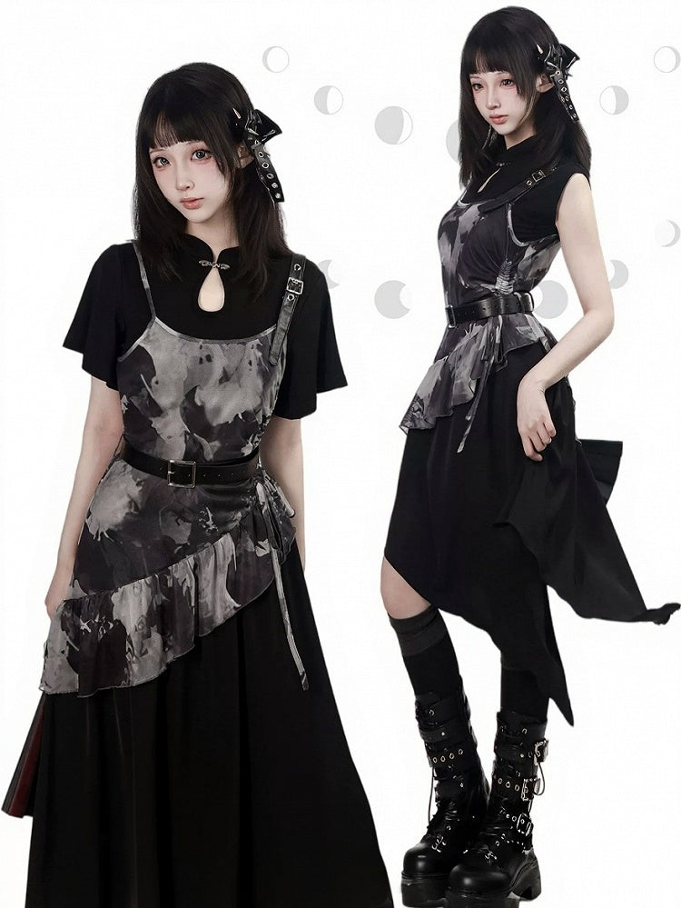 Black Asymmetric Cami Long Dress with Ink Print - PINK SAVIOR
