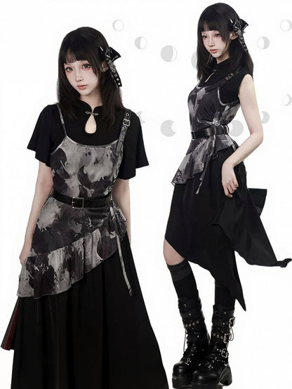 Black Asymmetric Cami Long Dress with Ink Print - PINK SAVIOR