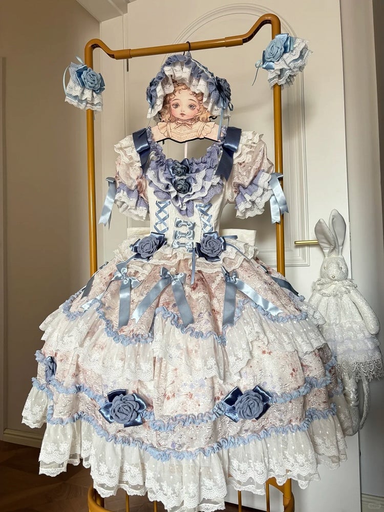 Puffy Rose Dress Hime with Lolita Accents Blue Multi-Layered Dark Ruffle