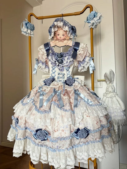 Puffy Rose Dress Hime with Lolita Accents Blue Multi-Layered Dark Ruffle