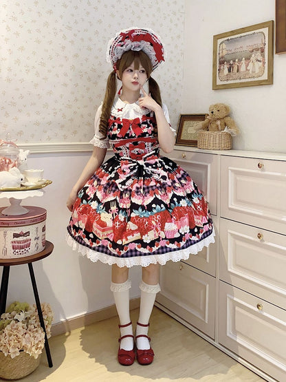 und süßes schwarzes Erdbeer-Dessert-Kleid mit Lolita-Print