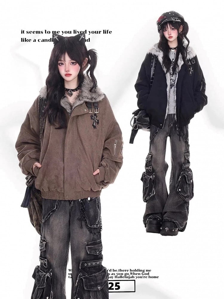 Jacket Plush Blouson Brown/Black Collar with Punk Fleece-lined