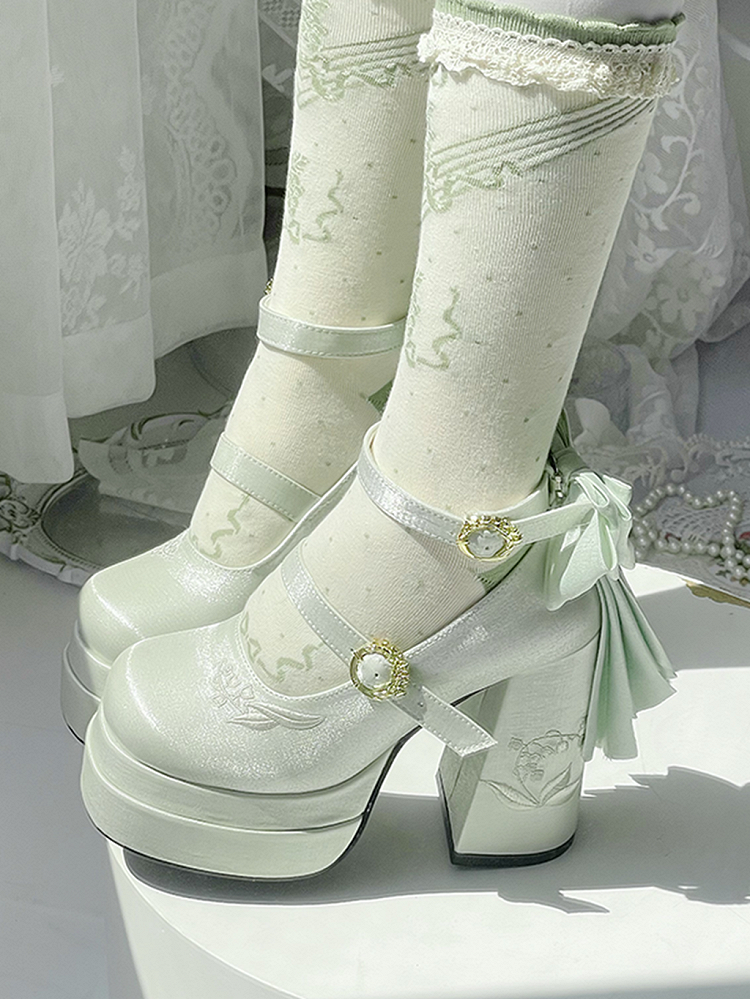 Detachable Light Platform Green Bowknot Valley High Heel the Embroidery Mary Janes Lily of Block