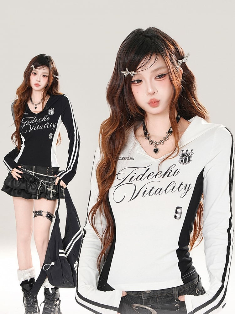 Sailor Block Graphic Top Collar Long Sleeve Prints White/Black with Color and