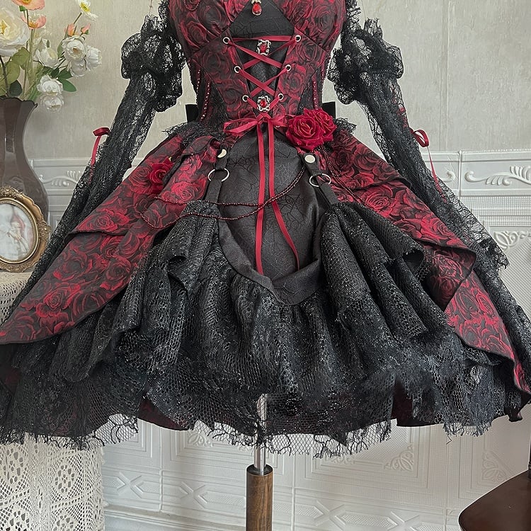 Black and Red Gothic Rosette Fabric High-low Skirt Dress Lolita JSK with Sleeves and Collar