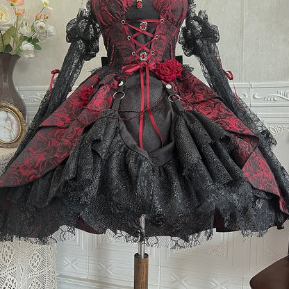 Black and Red Gothic Rosette Fabric High-low Skirt Dress Lolita JSK with Sleeves and Collar