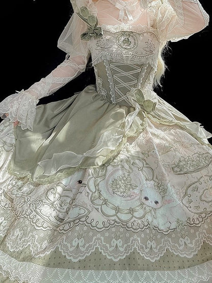 Dress Green with Trimmings Print and Layered Rabbit Country Teacup Lace Lolita