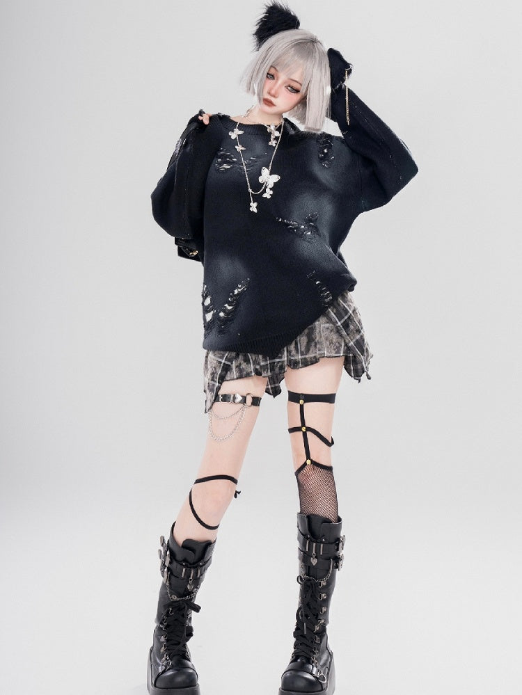 Y2K Black Butterfly Shaped Distressed Holes Round Neck Sweater