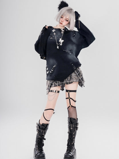 Y2K Black Butterfly Shaped Distressed Holes Round Neck Sweater