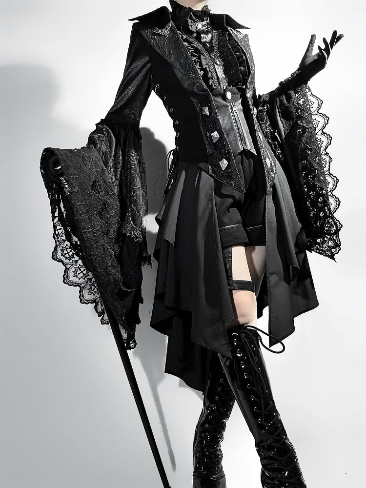 Lolita Ouji All Sleeves Tail Set Fashion Long Bell - Hemd + Weste Schwarz Gothic