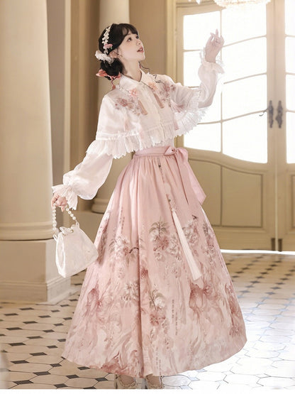 Pink Pleated Skirt with Chinese-Style Floral Print and Beaded Pendant - Han Ru Chu Hanfu &amp; Han-Element Studi