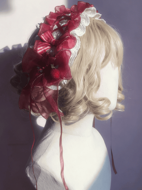 2 bandeaux à carreaux rouges en dentelle, tailles Lolita, blancs, fraise