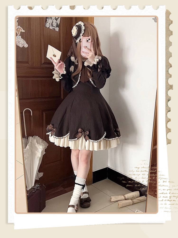 OP Boned Two-Piece Fake Cute Brown Long-Sleeve Lolita Dress