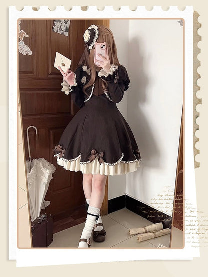 OP Boned Two-Piece Fake Cute Brown Long-Sleeve Lolita Dress