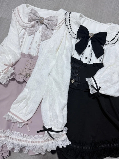 Pink and White Landmine Lace Peter Pan Collar Long Sleeve Blouse with Bow Tie - shirohato