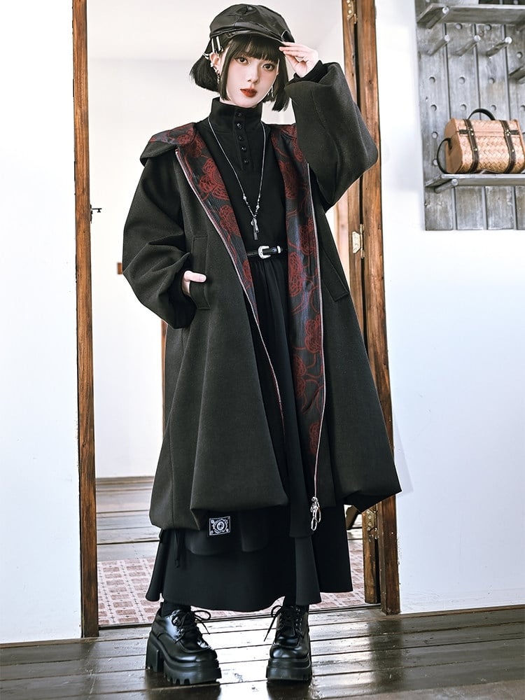 Long Sleeve Partial Placket - Gothic Black Neck Button Top Mock with Design