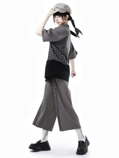 ジッパー付きグレーのチェック柄パッチワークドローストリングウエストパンツディテール