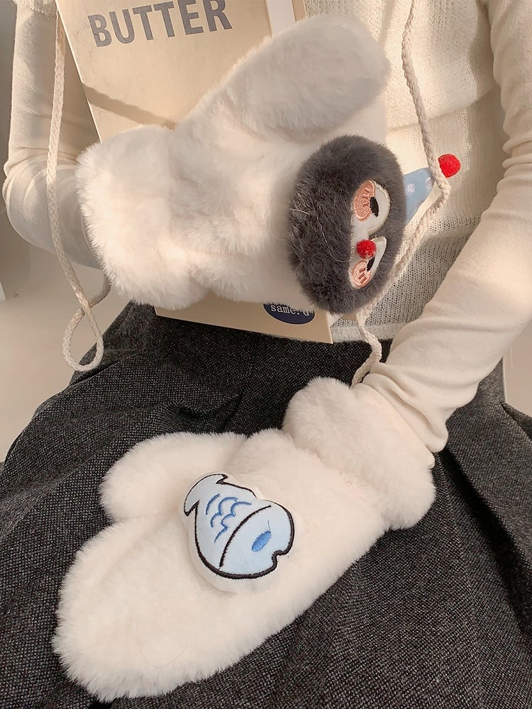 Moufles Pingouin Fausses Fourrures de Poisson Blanches